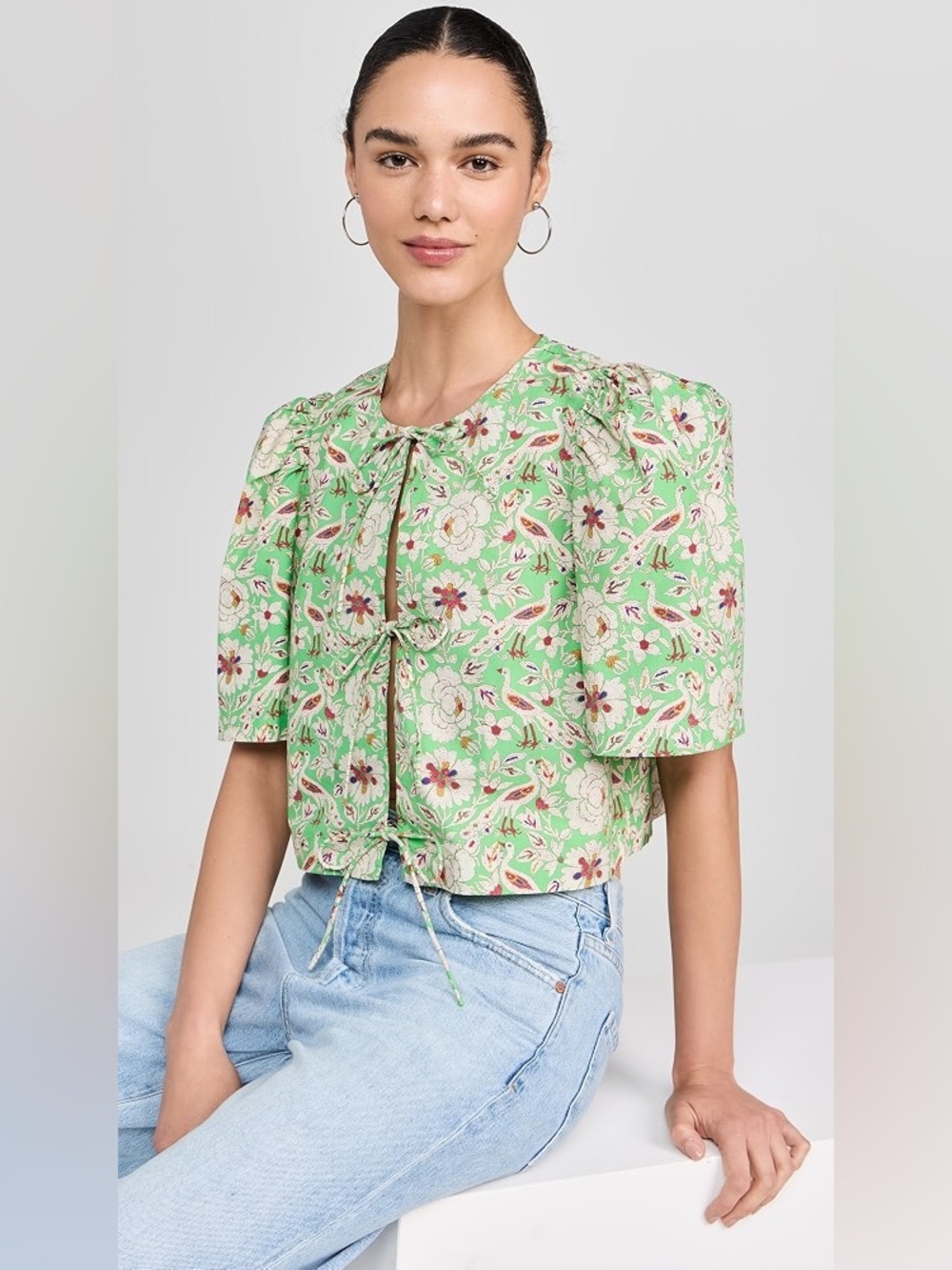 RHODE Hope Green Floral Tie-Front Puff Sleeve Top